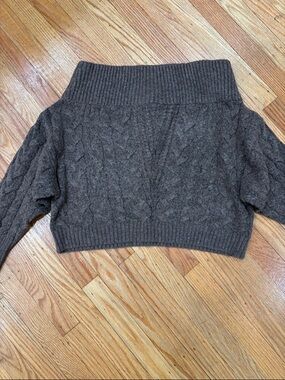 Express Brown Off-the-Shoulder Cable Knit Sweater